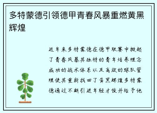 多特蒙德引领德甲青春风暴重燃黄黑辉煌
